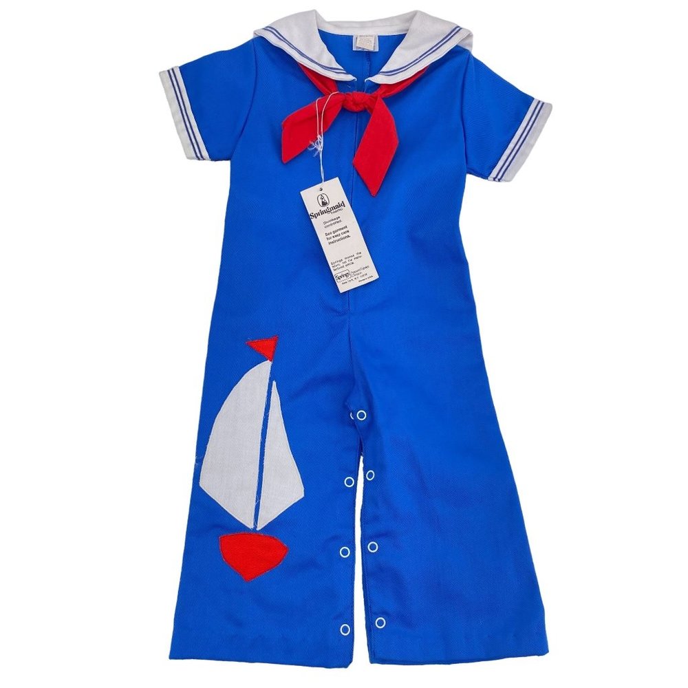 Vintage Springmaid unisex toddler sailor jumpsuit size 24M‎ flare leg blue NOS